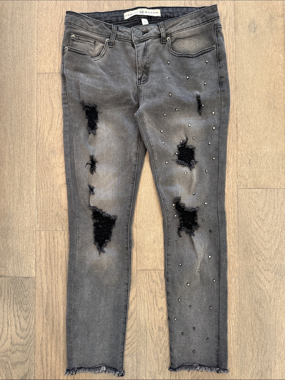 Ashley Mason Studded Faded Heavy Distressed Raw Hem Black Skinny Jeans Juniors 7